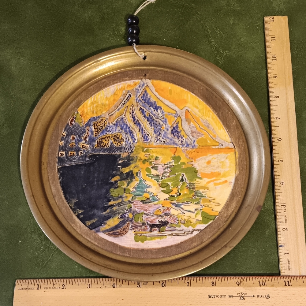 Handcrafted Wood & Metal Wall Plate with Mountain Scene